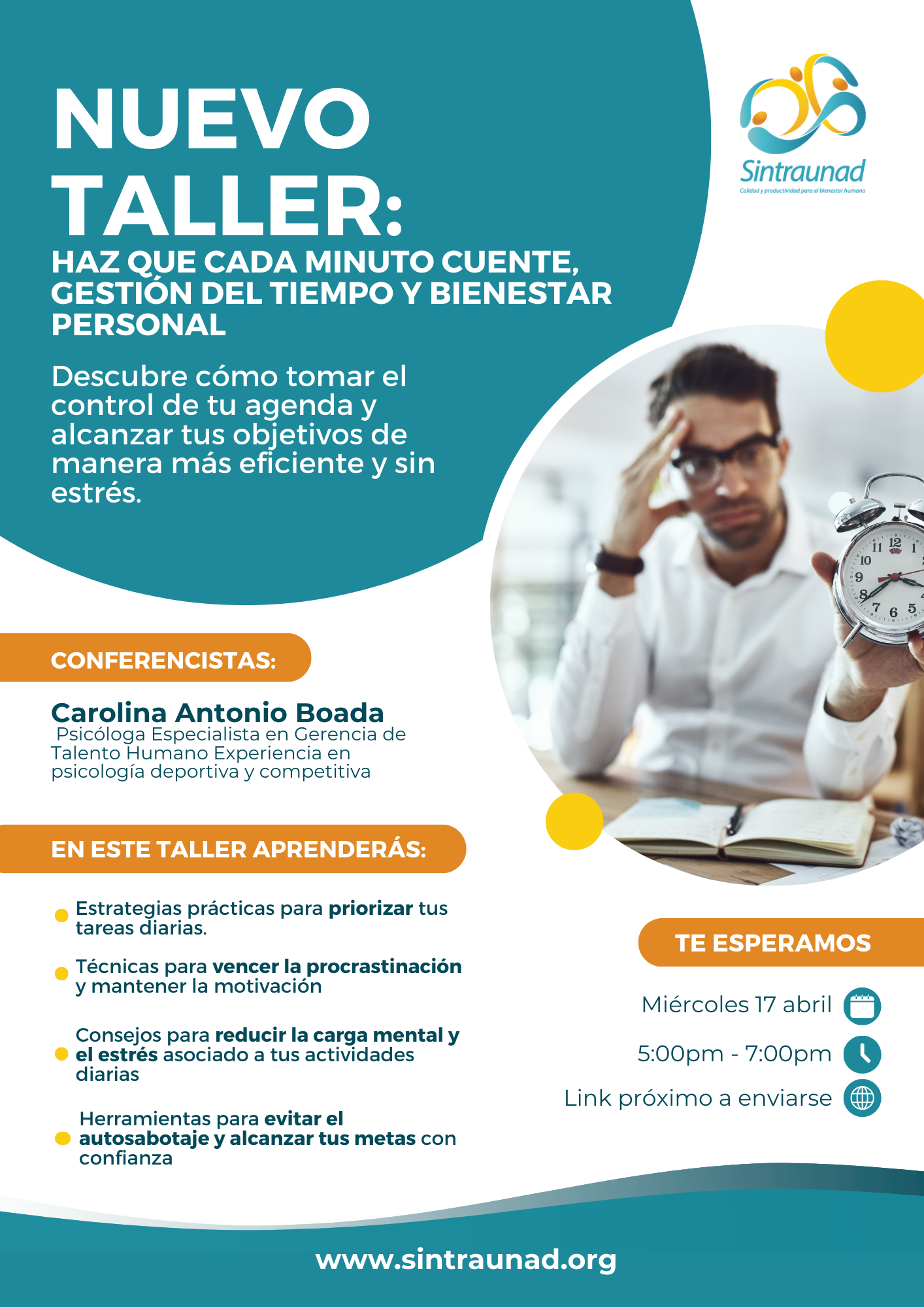 NUEVO TALLER:  Haz que cada minuto cuente, Gestión del Tiempo y Bienestar Personal